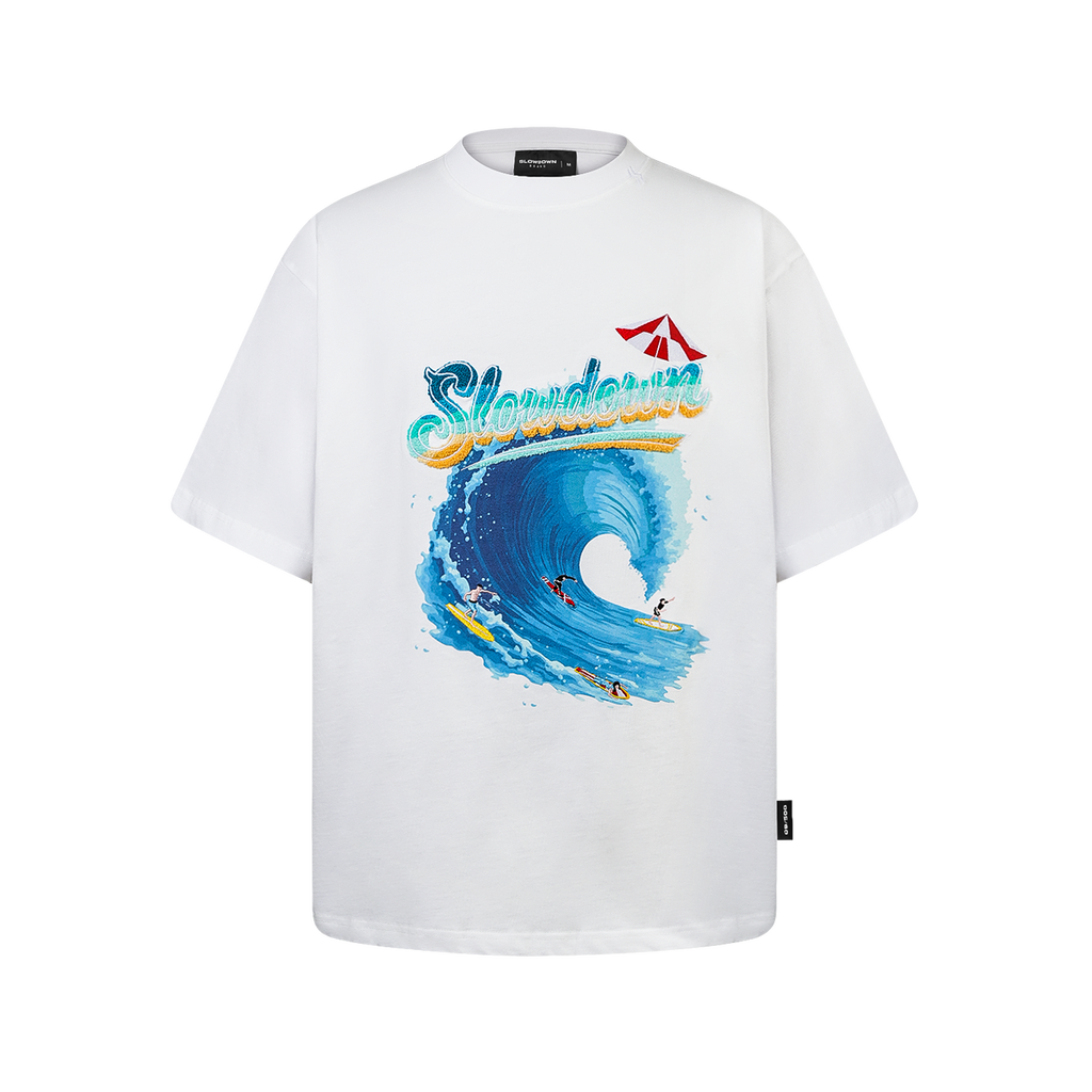 SLOWDOWN SEA SURFING TOWEL EMBROIDERY WHITE TEE